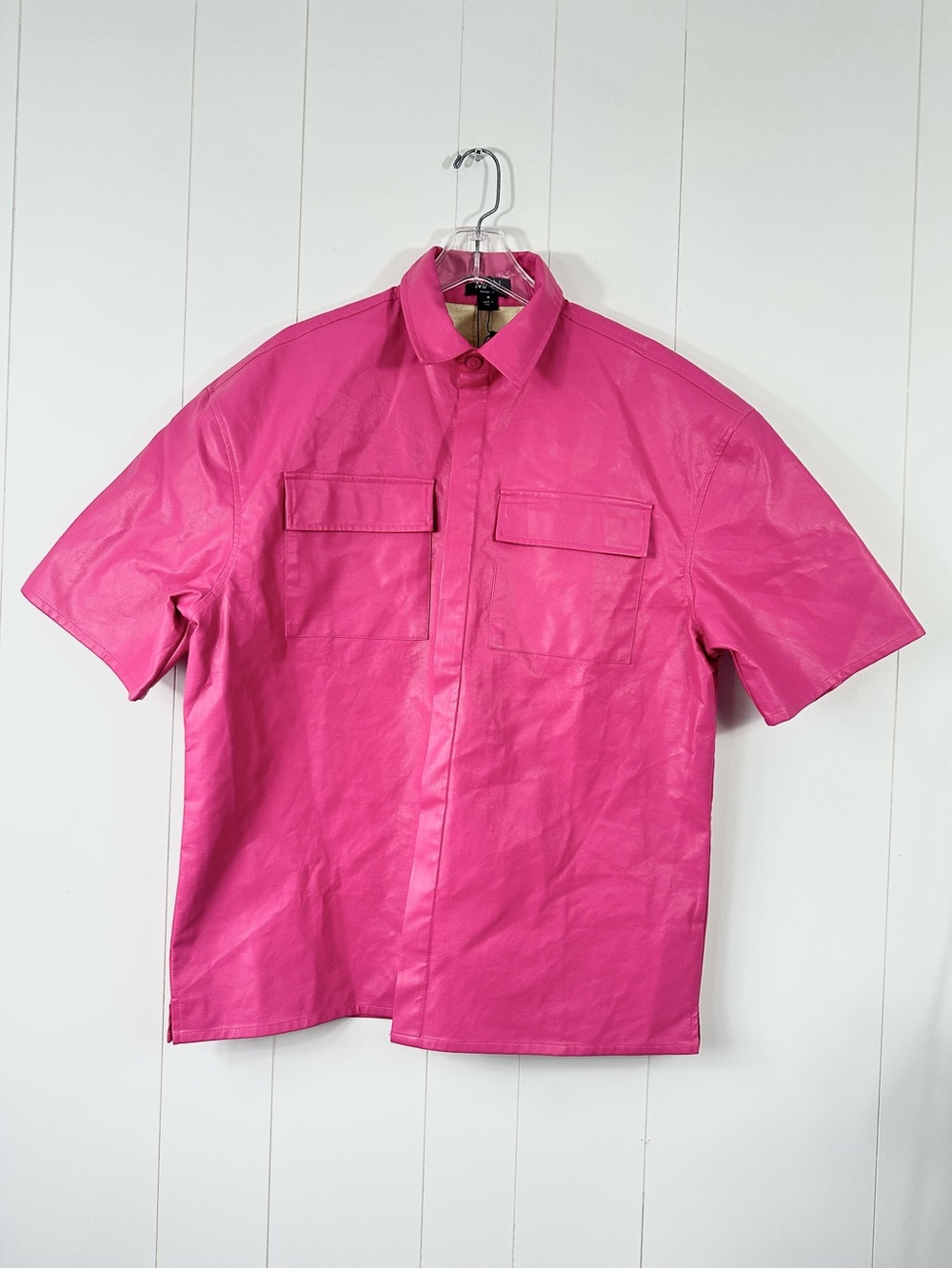 NWT Boohoo MAN Pink Fuchsia Sz M Faux Leather Mens Button-Up Shirt Short Sleeve